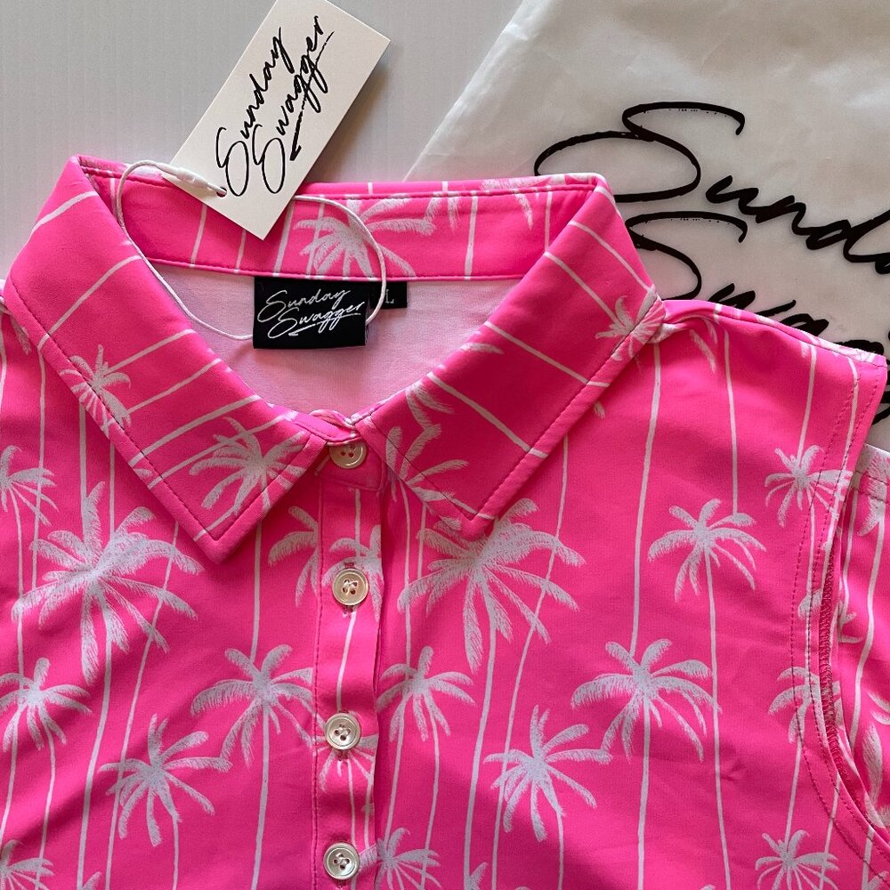Sunday Swagger Stylin' Women's Sleeveless Polo | Size L | Hot Pink w/ White Palm
